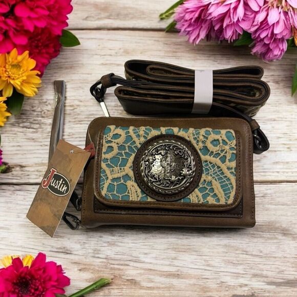 Justin Western Cactus Concho Turquoise Cream Lace Wallet Clutch Crossbody Bag - Picture 1 of 7